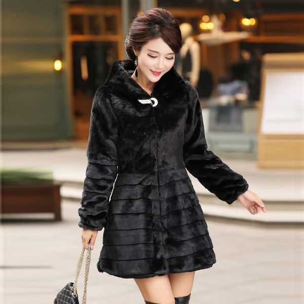 

women's fur & faux 2021 plus size 6xl black medium-long coat for women stripe patchwork jacket overcoat warm winter coats