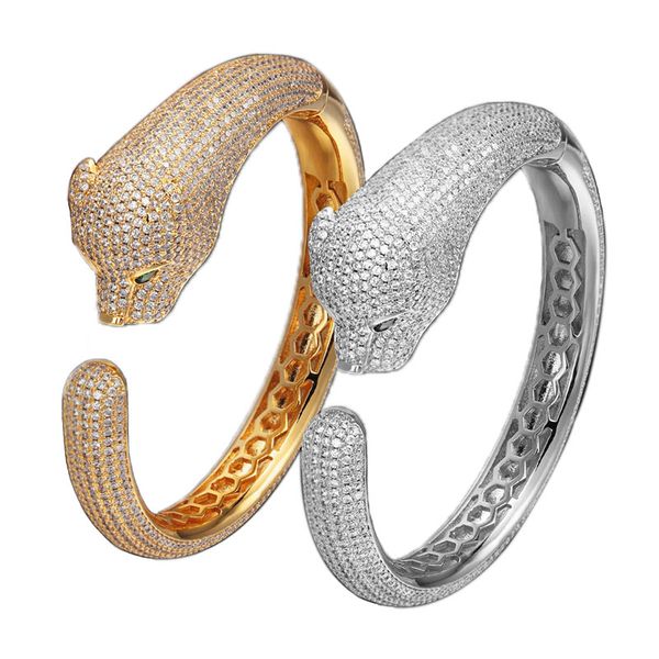 

european and american fashion cold bracelet full set with zircon leopard opening ring exaggerated gold plated jewelry wholesale, Golden;silver
