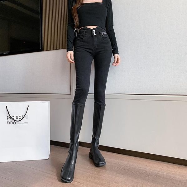 

women's pants & capris high waist jeans elastic spring and autumn wear 2021, Black;white