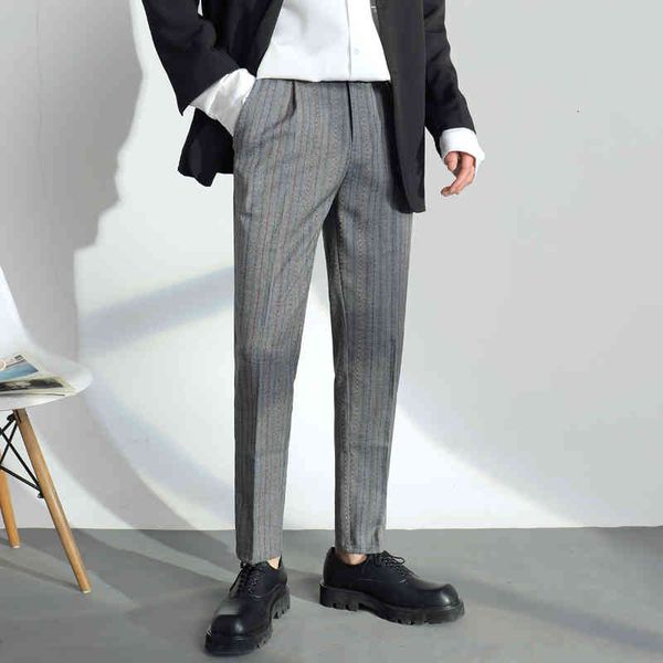 

men's pants striped casual ankle-lenght suit pencil korean streetwear fashion slim fit trousers male blx0, Black