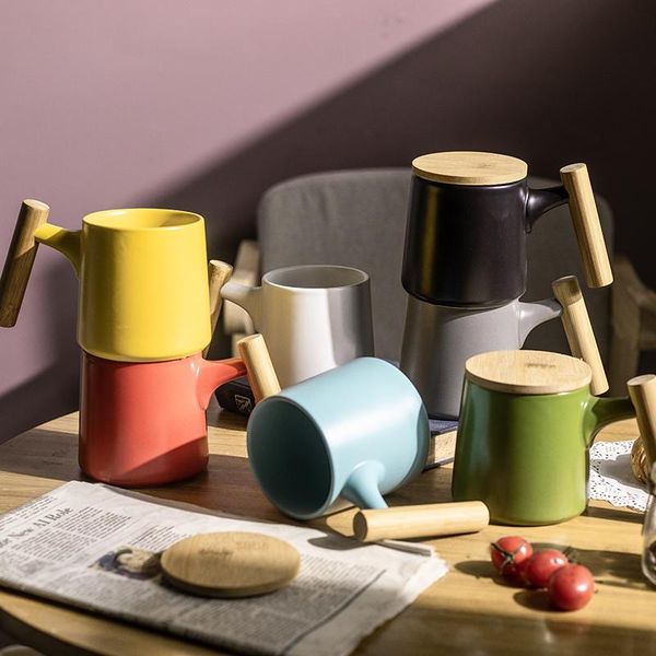 

ceramic mugs with wooden handle matte gray yellow 350ml coffee tea cup