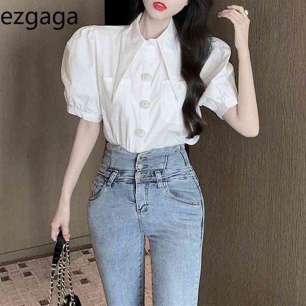 Ezgaga camisas Botão de pérolas de mulheres de manga de sopro curto All-Match Collar Spring Spring Summer Moda Solid Sonitas Blusa elegante 210430