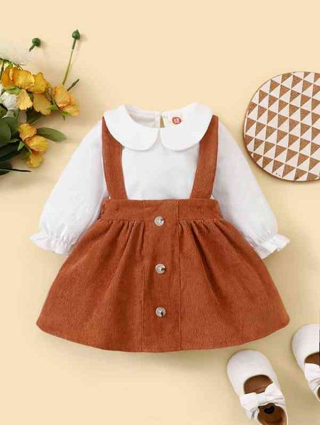 

baby peter-pan collar flounce sleeve bodysuit & corduroy suspender skirt she, Blue