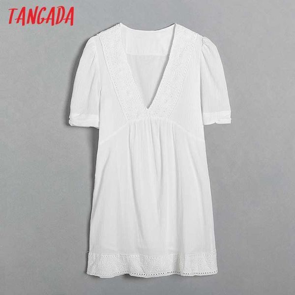 Tangada Sommer Frauen Weiße Stickerei Romantisches Kleid V-Ausschnitt Kurzarm Damen Minikleid Vestidos 6H6 210609