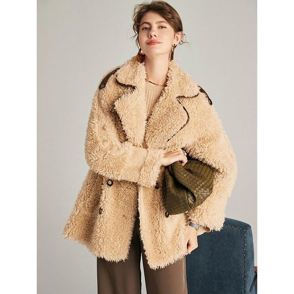 

women's fur & faux thick double coats breasted and jackets 2021 genuine leather sheepskin wide-waisted warm jacket women, Black