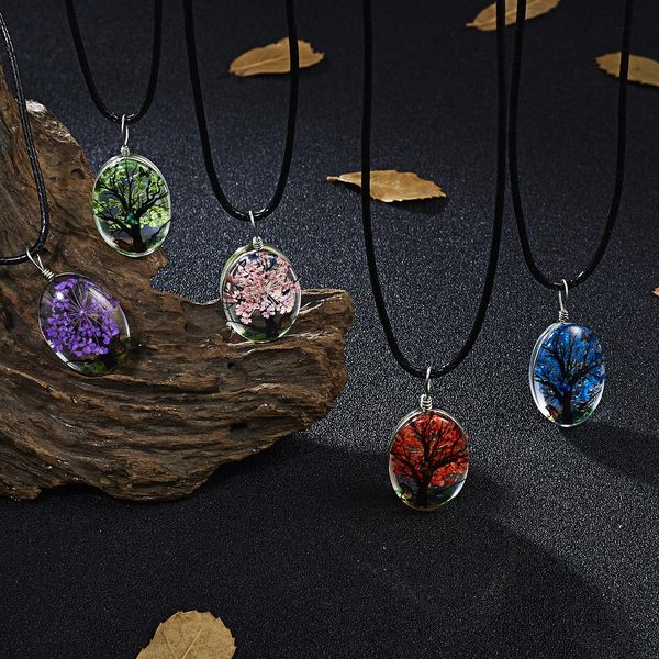 

dried tree flowers landscape sample glass pendant fashion natural flower glass necklace for woman birthday jewelry gift, Silver