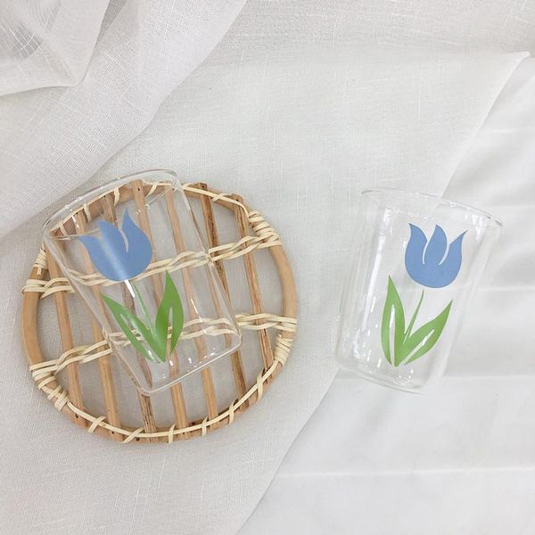 

cutelife nordic blue tulip transparent water tea glass ins milk breakfast coffee cup juice s drinking drinkware wine glasses