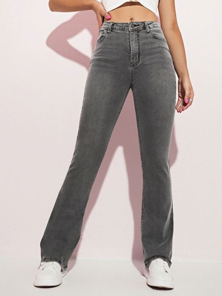 

bleach wash high-rise flare leg jeans 86lr#, Blue