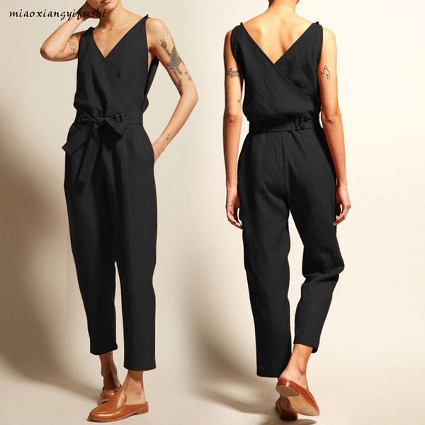 

goohojio women solid printed lace-up pocket v-neck sleeveless long straight pants summer overalls female 2021 cargo jumpsuits, Black;white