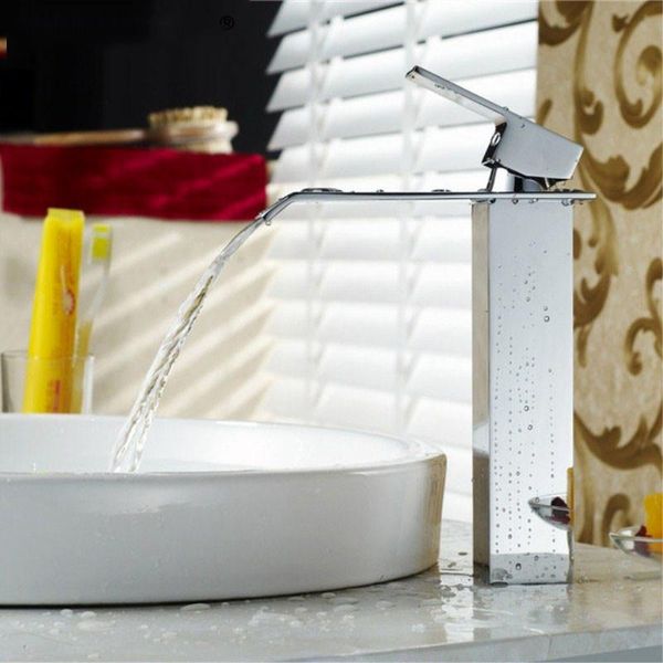 

bathroom sink faucets modern chrome finish basin deck mounted waterfall faucet square single handles and cold mixer water tap s79-309