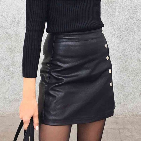

women leather skirt autumn winter buttons a-line casual eelegant ladies fashion package hip mini sk8702 210427, Black