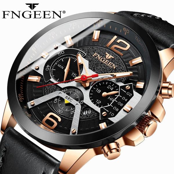 

wristwatches fngeen fashion men's business casual waterproof watch luminous needle calendar quartz stainless steel band reloj de hombre, Slivery;brown