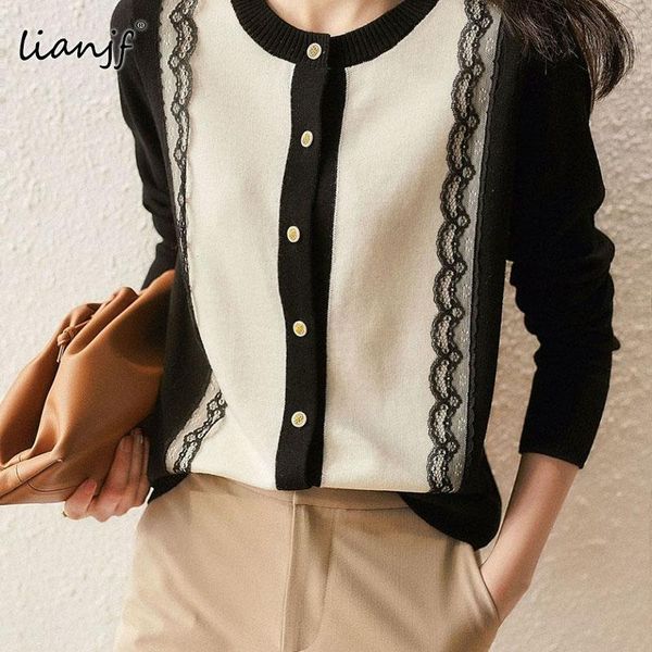 

women's knits & tees lace pearl buckle long sleeve knitwear pullover korean fashion cardigan for women contrast color temperament woma, White