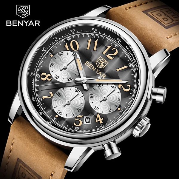 

wristwatches sport watch for men benyar luxury fashion quartz men's watches chronograph waterproof leather military clock relogio mascu, Slivery;brown
