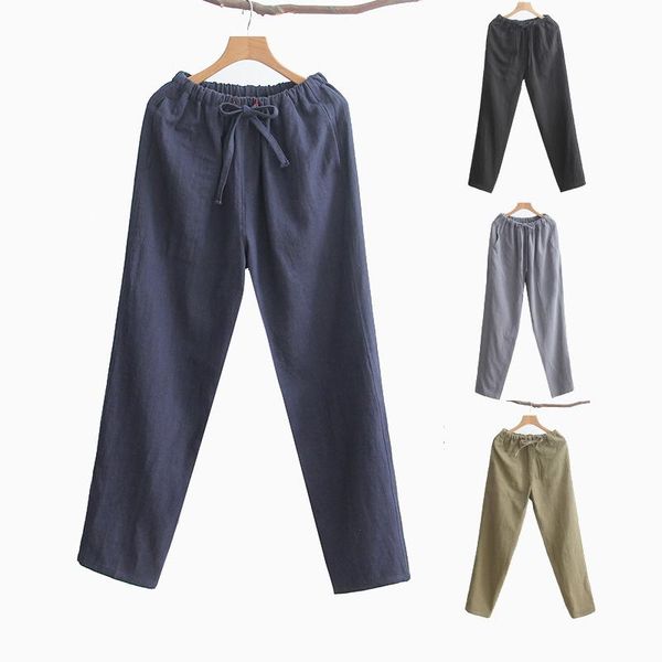 

men's pants full length casual straight black tai chi clothing elastic waist cotton linen long male chinese trousers