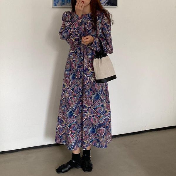 

casual dresses women spring autumn vintage floral dress korean elegant chiffon loose holiday hedging long sleeve ladies, Black;gray