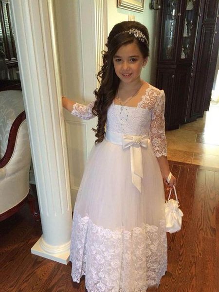 

girl's dresses boat neck first communion with bow 3/4 long sleeves lace tulle flower girls for weddings custom any size, Red;yellow