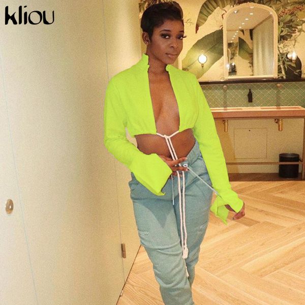 

kliou solid flare sleeve dstring t-shirts open front crop autumn turtleneck party clubwear female fashion outfits, White