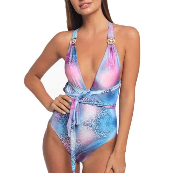 

one-piece suits 2022 bikini leopard print v-neck crystal drill cross bind a swimsuit