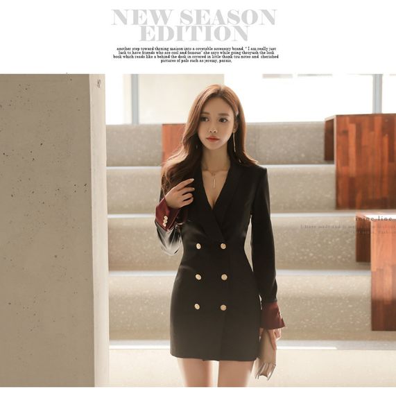 

casual dresses autumn women's windbreaker lapel long-sleeved double-breasted pleated temperament dress long suit jacket 145n, Black;gray