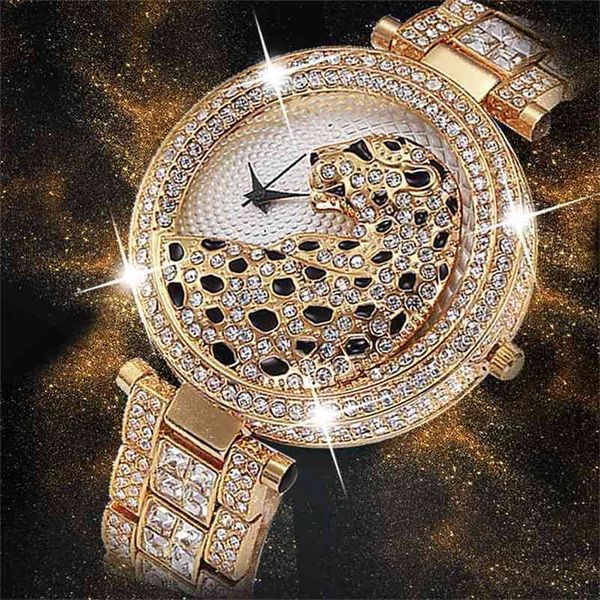 Mis Kartz Watch Moda Bling Casual Senhoras Feminino Ouro Cristal Diamond Leopard para Clock 210616