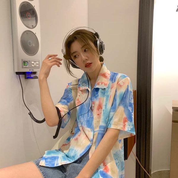 

femme womens loose tops 2021 summer korean style dyed print short sleeve shirt women chiffon blouses (F3994), White