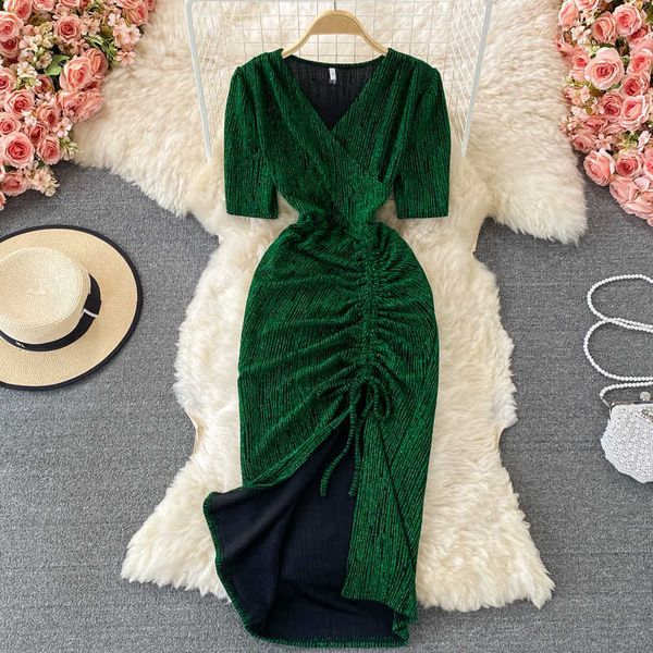 

drawstring bodycon dress women short sleeve high waist red/green/khaki sheath party vestidos summer high end 2021 fashion y0603, Black;gray
