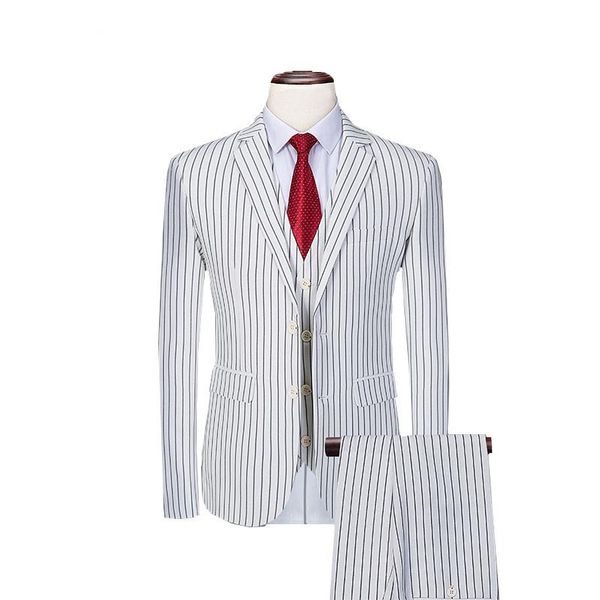 

men's suits & blazers spring autumn white striped 3 piece set men blue blazer jacket pants vest waistcoat large size mens suits(jacket+, White;black