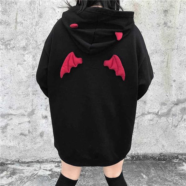 

women's hoodies & sweatshirts fall spring women letter high street harajuku cute punk gothic devil horn chic hooded pullover loose, Black