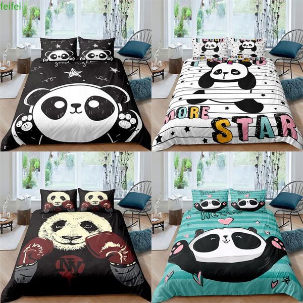 

bedding sets 2/3 pieces panda duvet cover set cartoon animal kids boys girls bed white black quilt