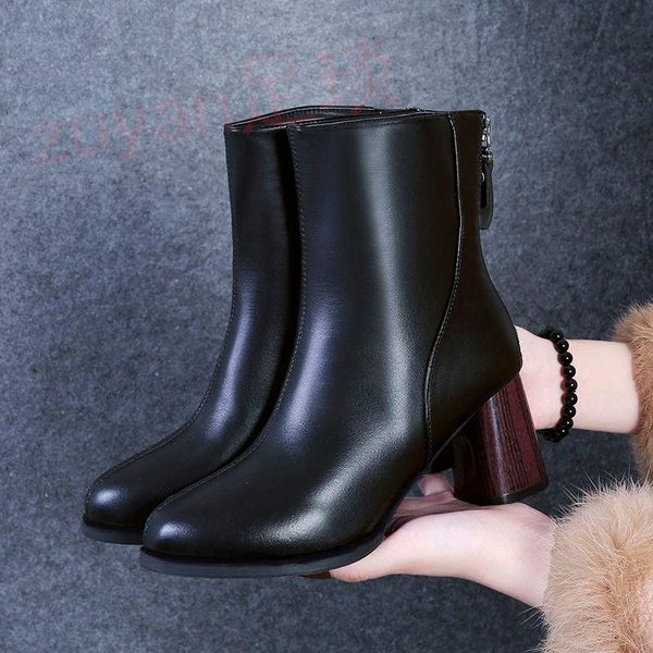 

boots women's in tube retro high-heeled thick-heeled short and cashmere women shoes zapatos de mujer botas, Black
