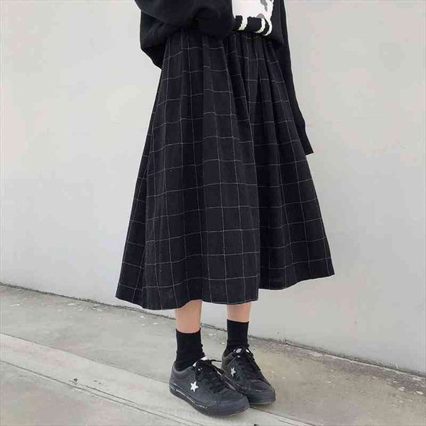 

2 colors japanese style women skirt high elastic waist long autumn winter plaid a-line pleated womens x1078, Black