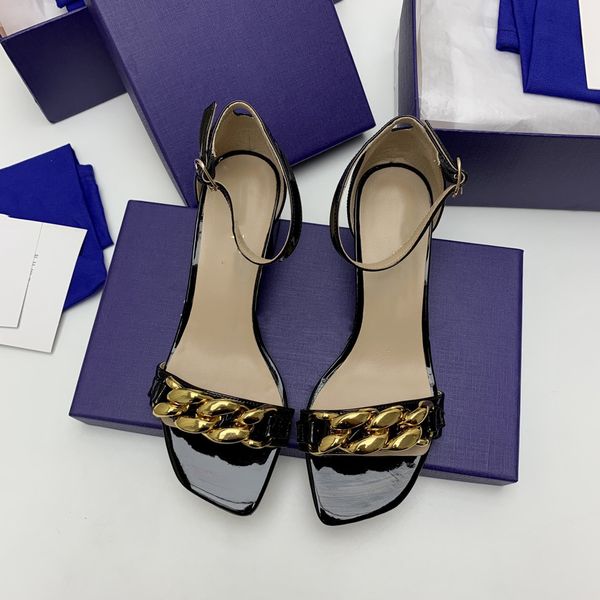 

tide brand metal chain flat sandals women european and american style summer new word bag with square toe fashion sandals, Black