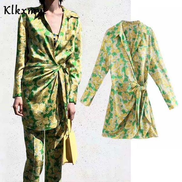 

klkxmyt za dress women vintage floral print mini shirt woman summer elegant long sleeve wrap tied casual vestidos 210527, Black;gray