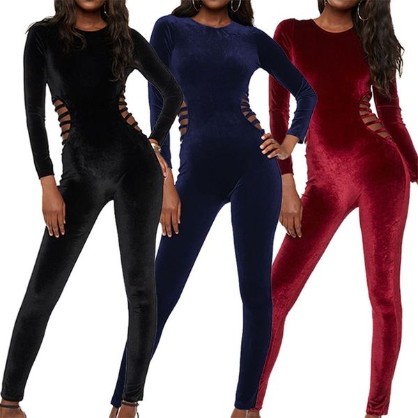 Outono inverno sexy veludo mulheres macacão elegante partido recortar cintura bodycon playsuits manga longa o pescoço corpo macacão 210517