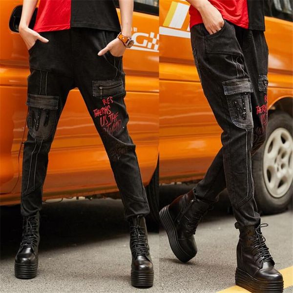 

women's pants & capris autumn elastic material streetwear ladies punk jeans women harajuku loose big pocket hearm high waist female, Black;white
