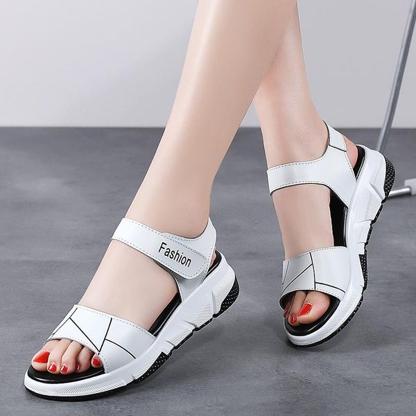 

women sandals summer leather flat wedge platform ladies ankle strap beach shoes 9150 dress, Black
