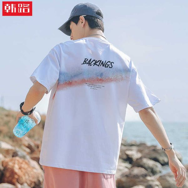 

seri han main 2021 summer rainbow printing t-shirt men's cotton loose lovers short sleeve wear, White;black