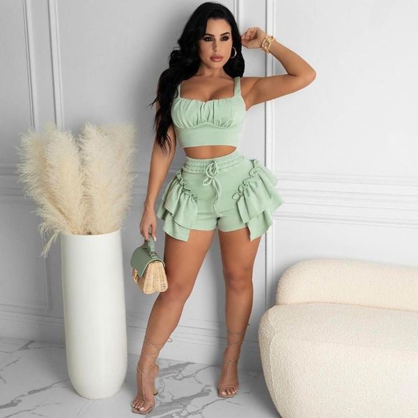 

women's tracksuits fashion women set summer square collar solid tank and ruched ruffles shorts suit two piece beach suits tracksui, Gray