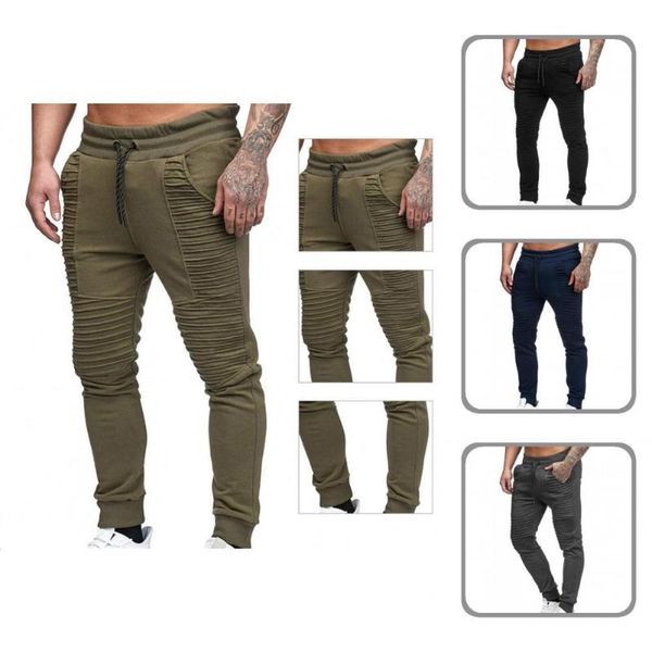 

men's pants simple striped pleated sports casual trousers pencil windproof elastic waist, Black