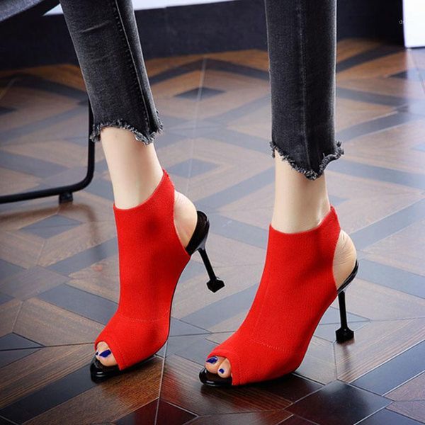 

dress shoes 2021 fish mouth women's sandals high heels open toe stiletto knit elastic fashion heel, Black