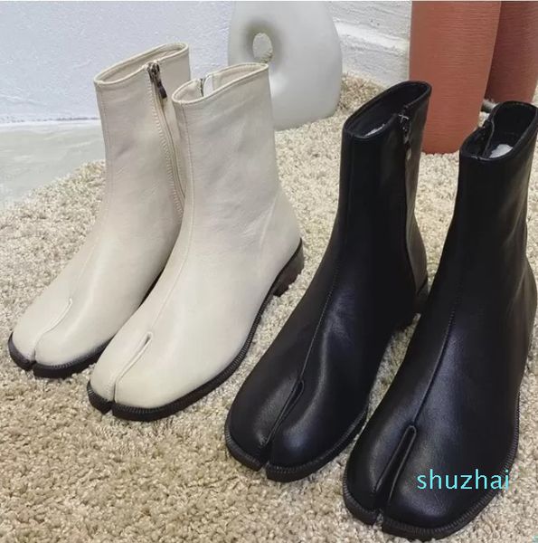 

designer boots women fashion pu side zipper ankle short bottes winter solid color split toe riding botas, Black