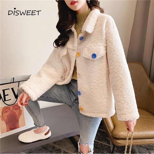 

pant lapel solid woman simple long sleeve faux lamb wool loose coats ladies winter warm single-breasted slim jacket women, Black;white