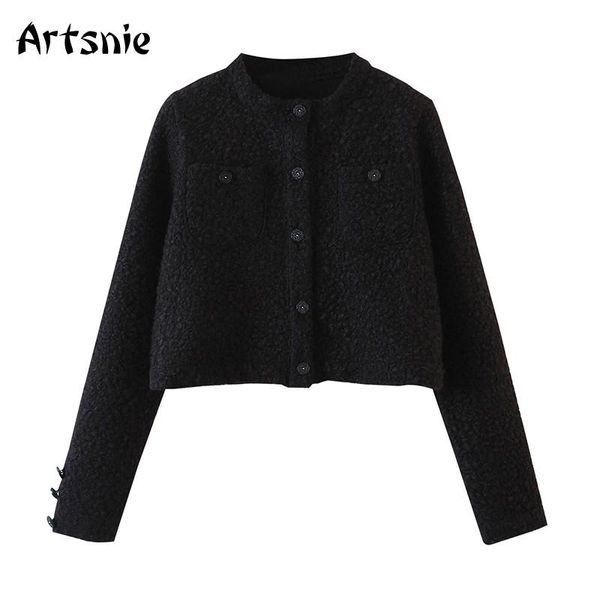 

women's jackets artsnie winter vintage teddy coats women o neck long sleeve single breasted black casual fleece warm cropped mujer, Black;brown