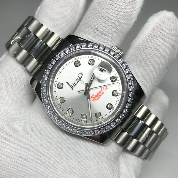 

wristwatches silver diamonds watch 36mm size date luxury just automatic mechanical glide smooth second hand, Slivery;brown
