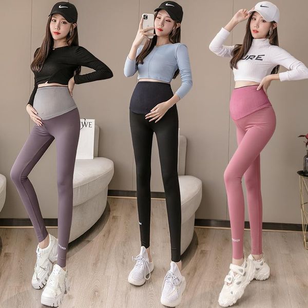 

fashionable pants of pregnant women autumn's abdomen non-trace yoga stretched maternity belly trousers slim hips leggings bottoms, White