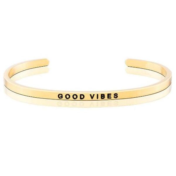 

bangle 4mm good vibes gold color stainless steel inspirational mantra cocktail party graduation statement encouragement bracelet, Black