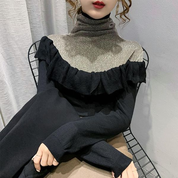 

women's sweaters turtleneck silk patchwork knitted women sweater pullovers autumn vintage 2021 elastic elegant office lady pulls outwea, White;black