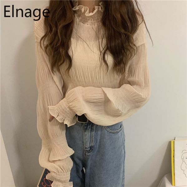 

elnage spring new korean loose half high collar bottoming trumpet long sleeve blouse with lace shirt for women 5a176 210317, White