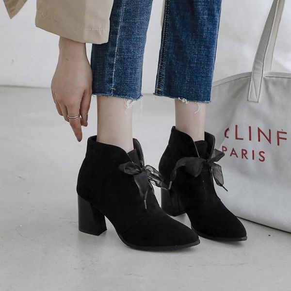 

boots big size 9 10 11-17 women shoes ankle for ladies woman winter ribbon binding with a pointed end, Black